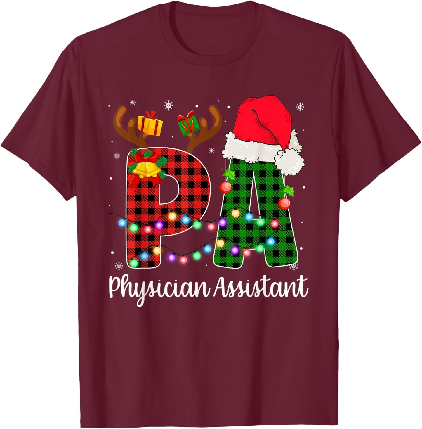 Physician Assistant Christmas Lights Red Plaid PA Nurse CNA T-Shirt - T-Shirt | Maroon