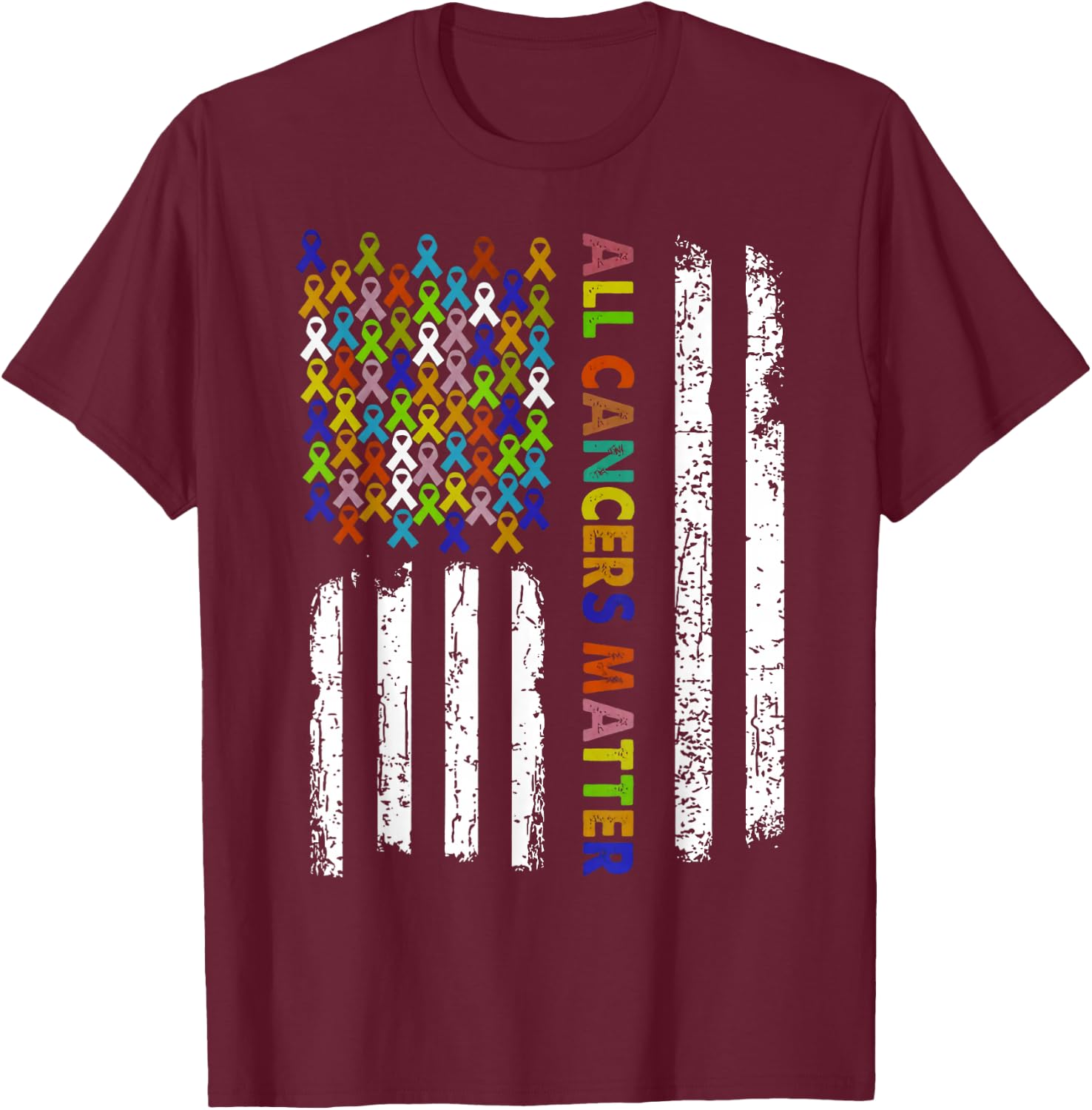 All Cancers Matter Cancer Awareness Ribbon USA Flag T-Shirt - T-Shirt | Maroon