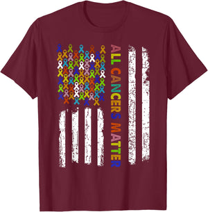 All Cancers Matter Cancer Awareness Ribbon USA Flag T-Shirt - T-Shirt | Maroon