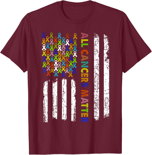 All Cancers Matter Cancer Awareness Ribbon USA Flag T-Shirt - T-Shirt | Maroon
