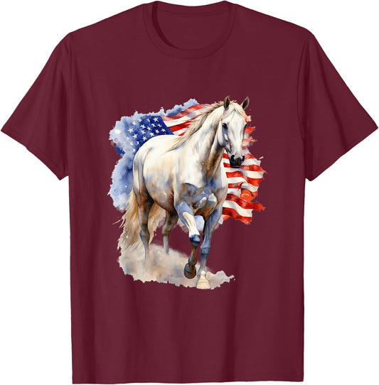 Horse American Flag 4th of July Vintage USA Patriotic Pride T-Shirt - T-Shirt | Maroon