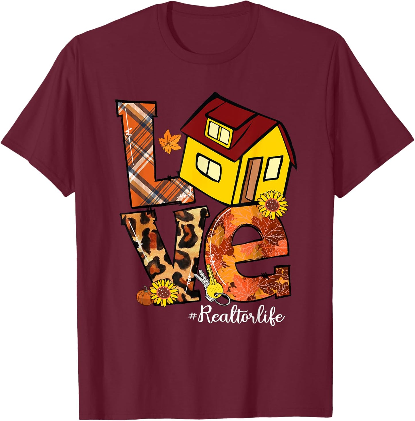 LOVE Pumpkin Leopard Realtor Life Fall Thanksgiving T-Shirt - T-Shirt | Maroon