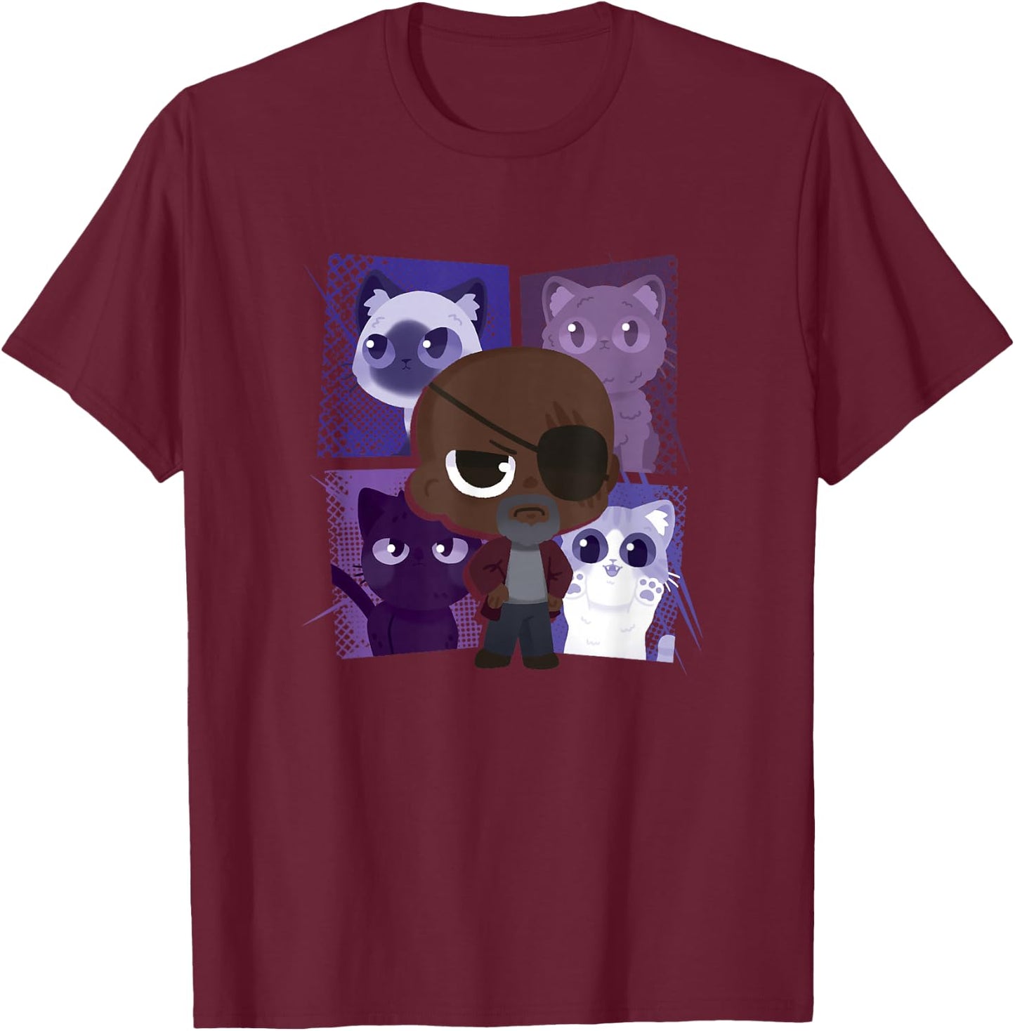 Marvel The Marvels Nick Fury Flerken Chibi Box Up Poster T-Shirt - T-Shirt | Maroon