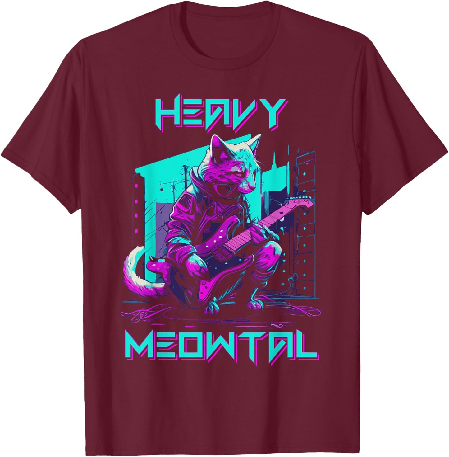 Vaporwave 80s Cat Playing Guitar Cyberpunk Meowtal T-Shirt - T-Shirt | Maroon