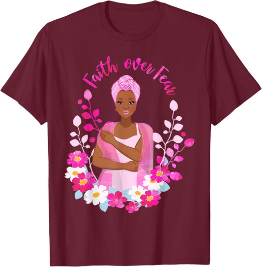 Faith Over Fear Breast Cancer Awareness African American T-Shirt - T-Shirt | Maroon