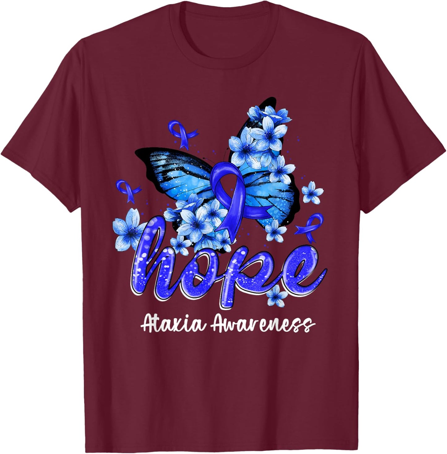 Hope Butterfly Blue Ribbon Ataxia Awareness Gifts T-Shirt - T-Shirt | Maroon
