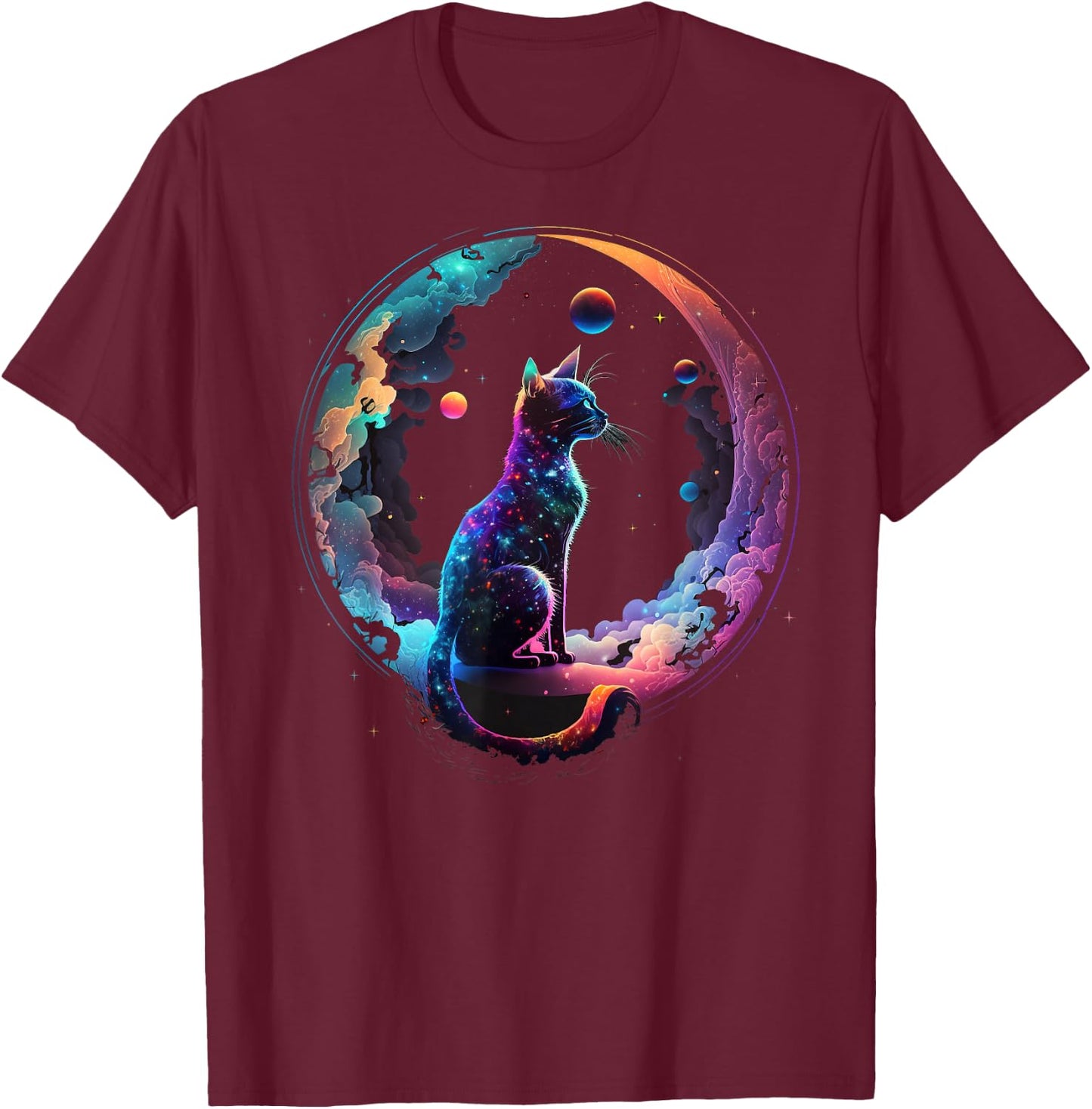 Cosmic Cat Cool Colorful Crescent Moon and Clouds Kitten T-Shirt - T-Shirt | Maroon