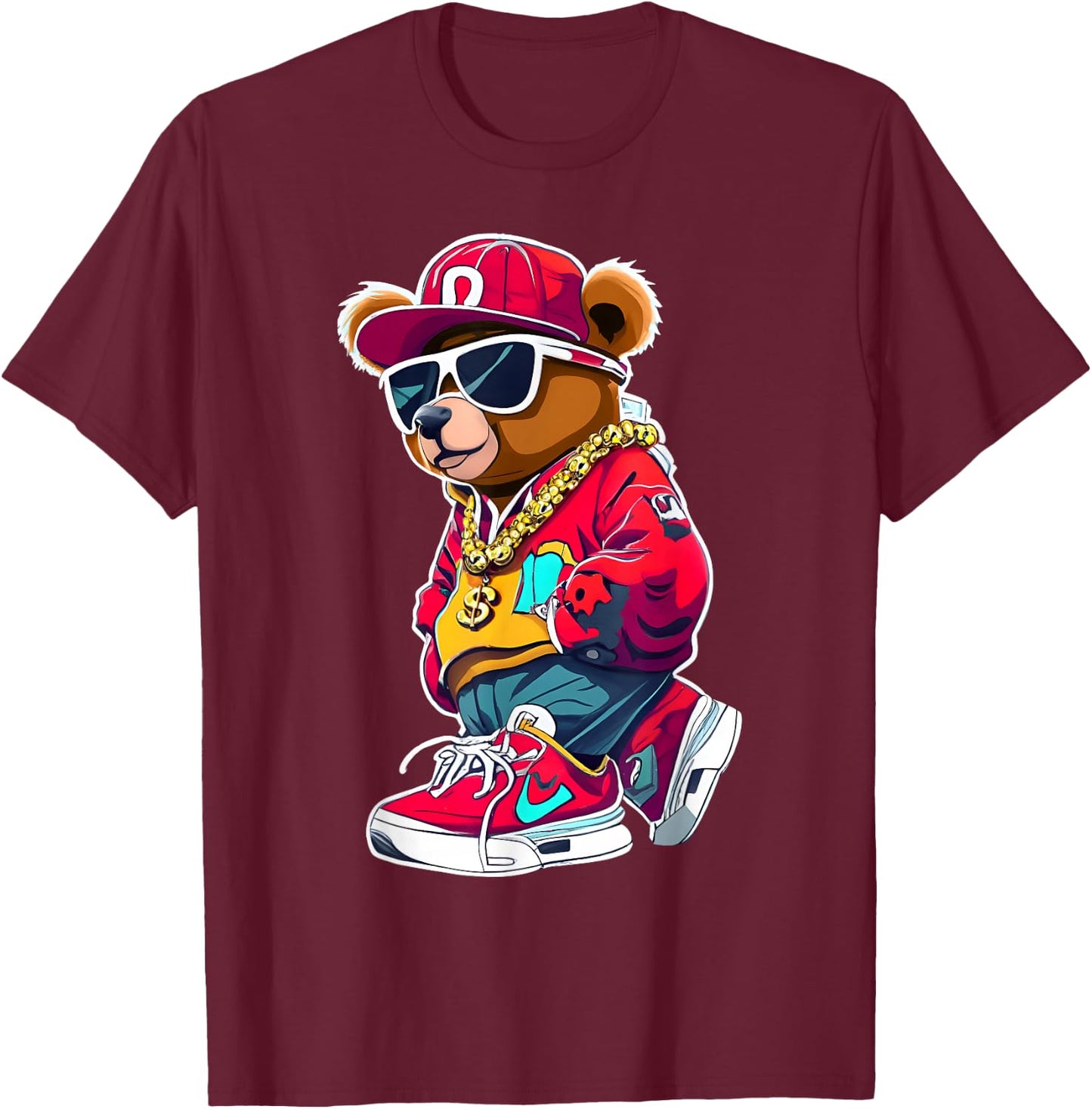 Cute Hip Hop Teddy Bear 90 Hip hop Clothing Graffiti T-Shirt - T-Shirt | Maroon