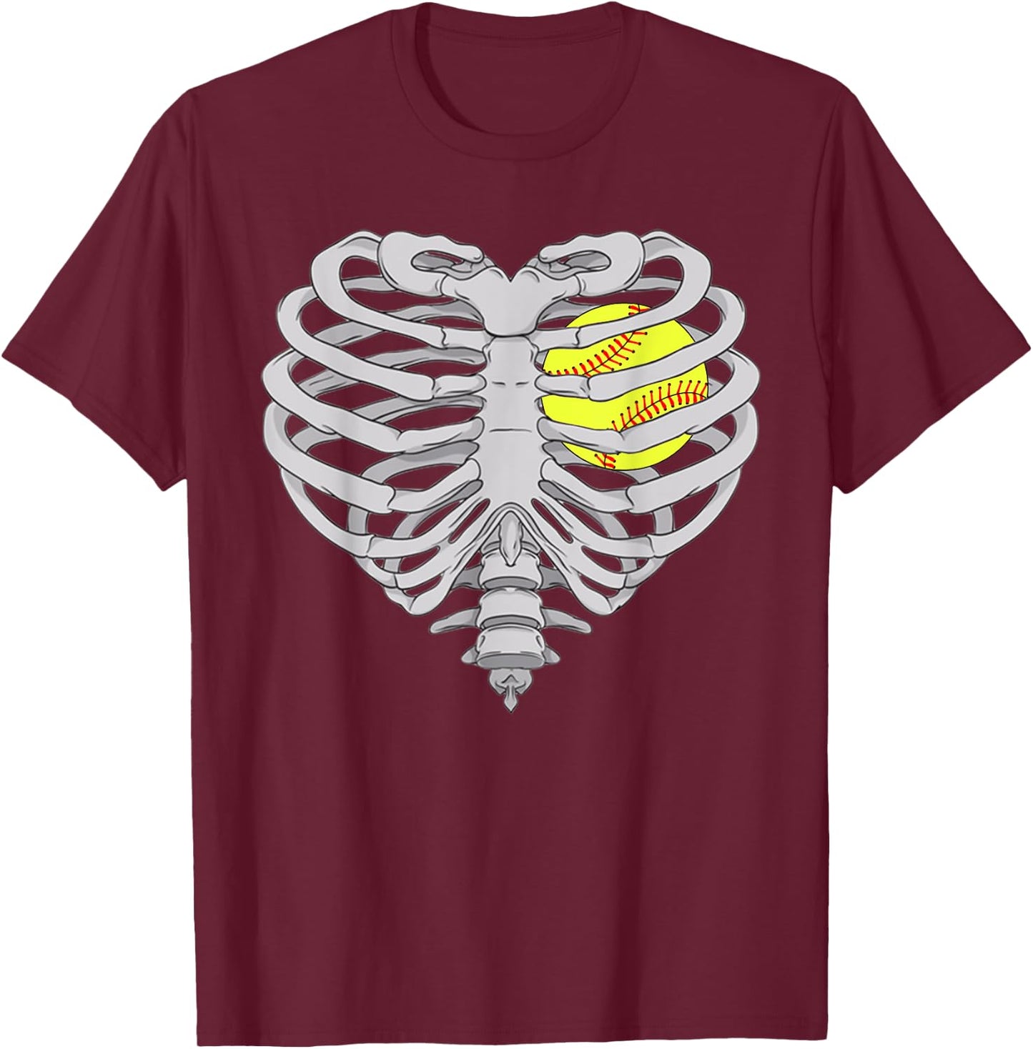 Softball Heart Skeleton RibCage Halloween Love Softball T-Shirt - T-Shirt | Maroon