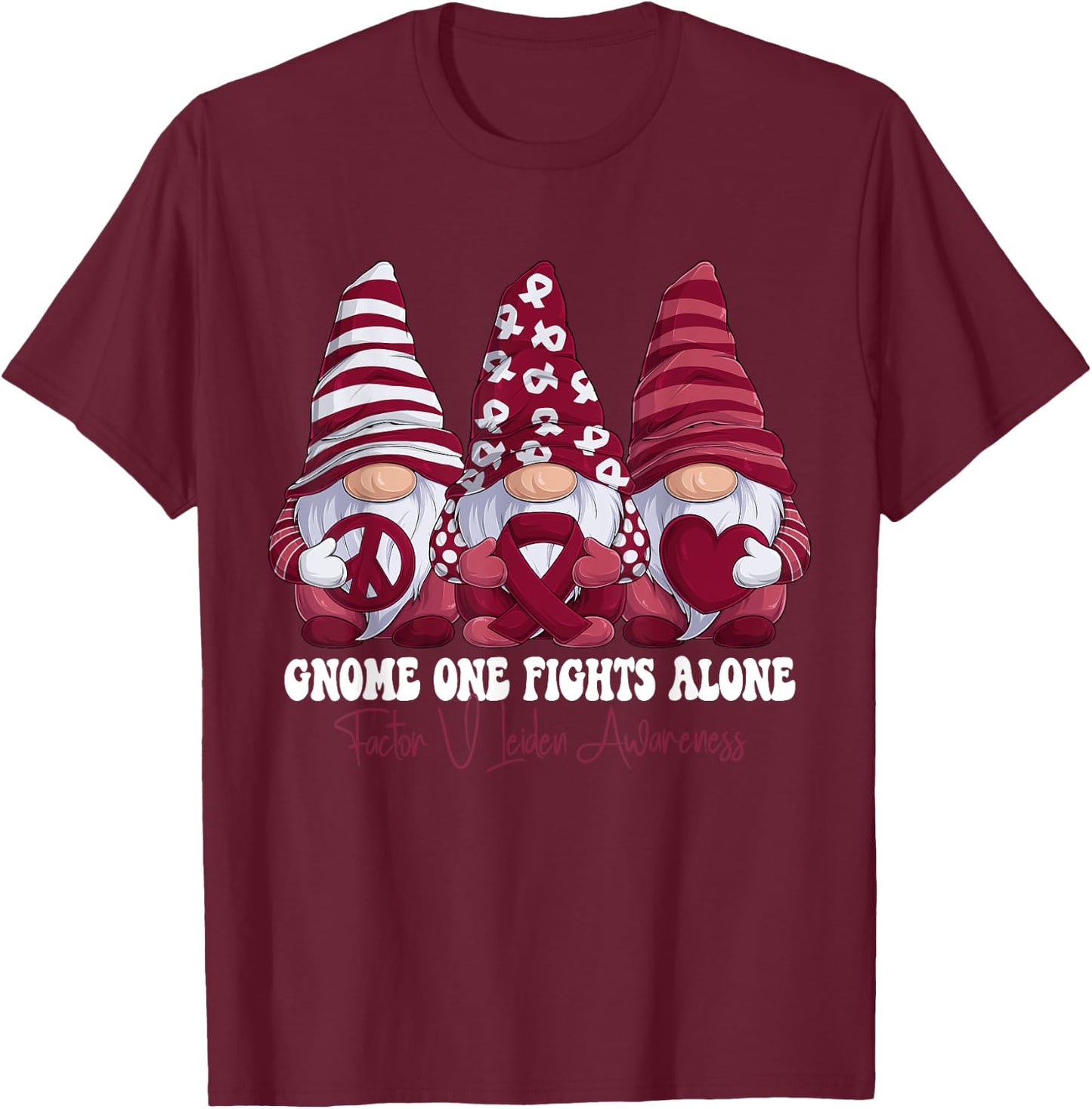 Factor V Leiden Awareness Month Burgundy Ribbon Gnomies T-Shirt - T-Shirt | Maroon