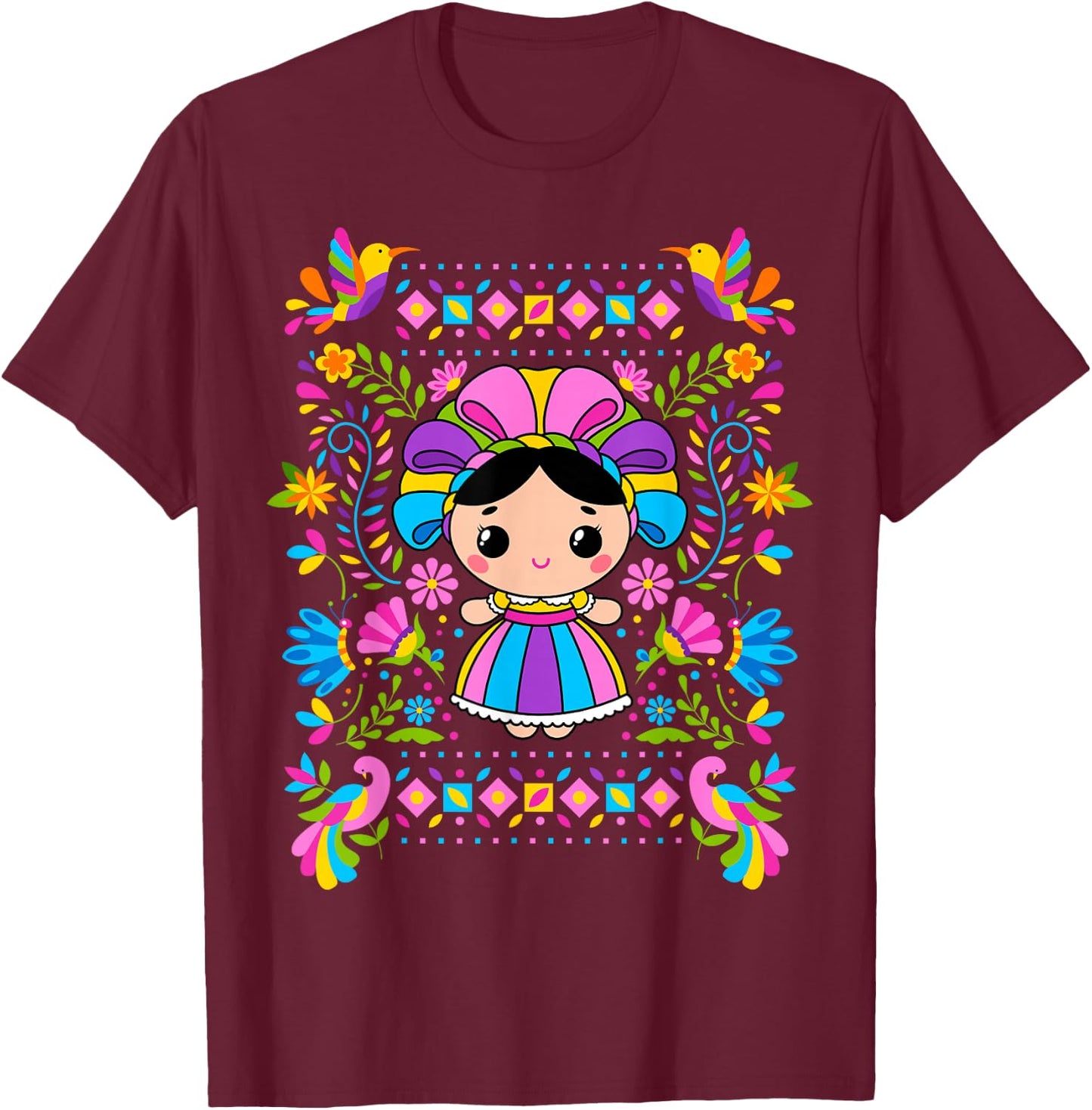 Mexican Handmade Rag Doll Lele, Mexicana Latina Woman T-Shirt - T-Shirt | Maroon