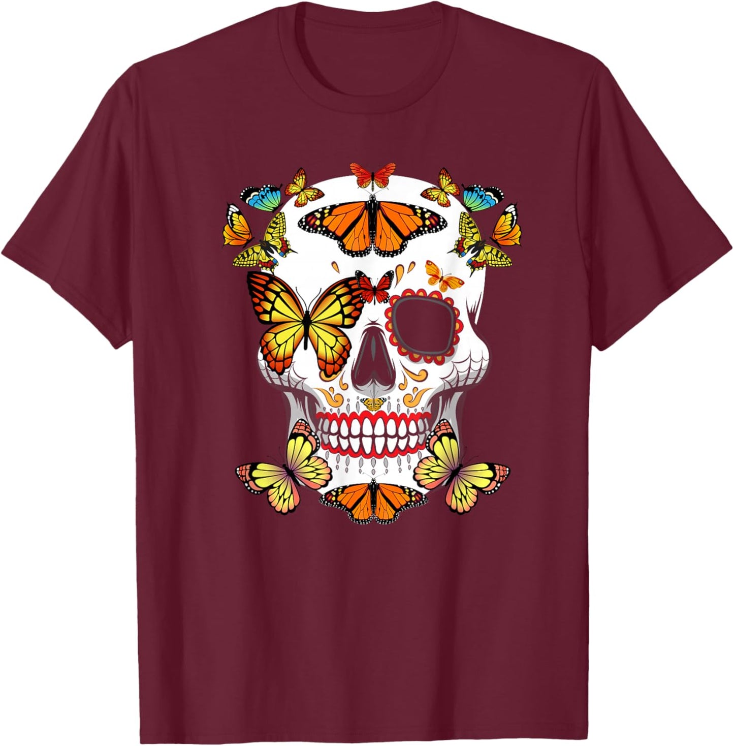 Sugar Skull Butterfly Shirt Color Butterfly Shirt Butterfly T-Shirt - T-Shirt | Maroon