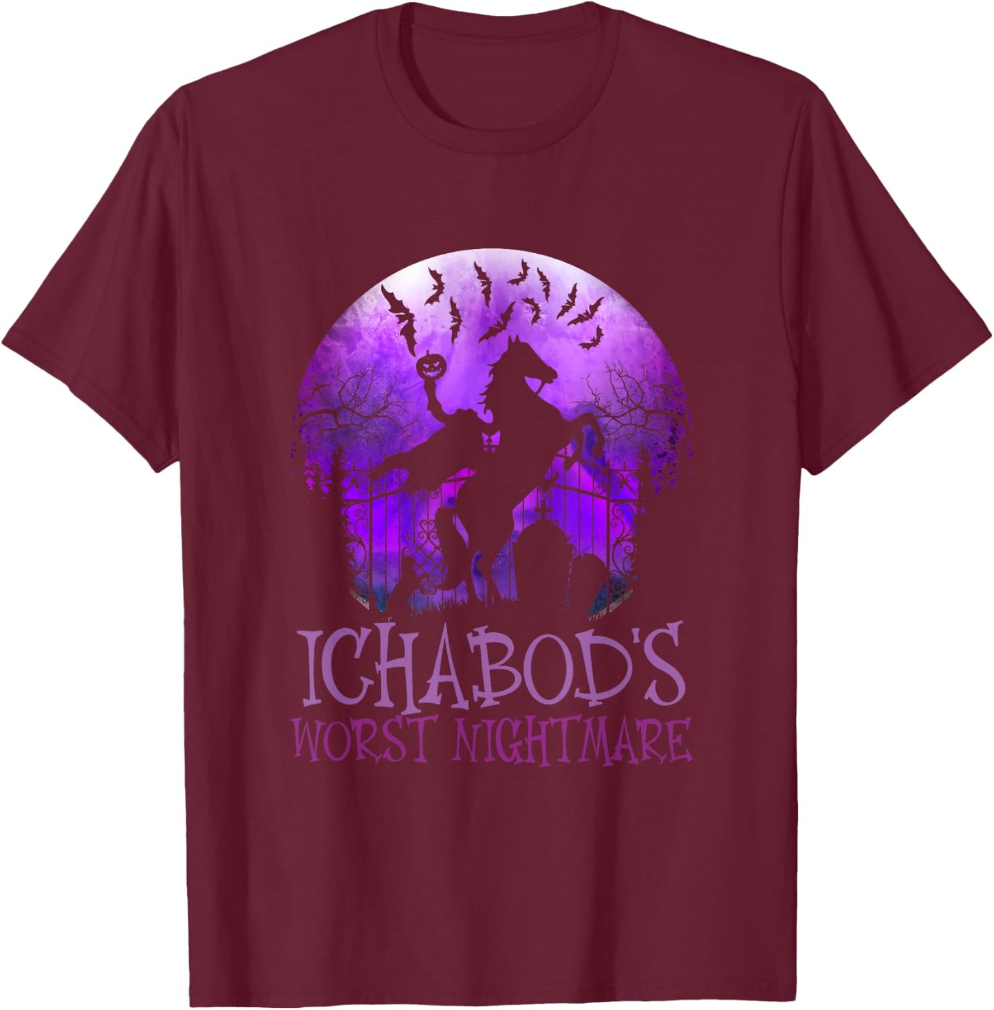 Ichabod's Worst Nightmare, Headless Horseman Halloween T-Shirt - T-Shirt | Maroon