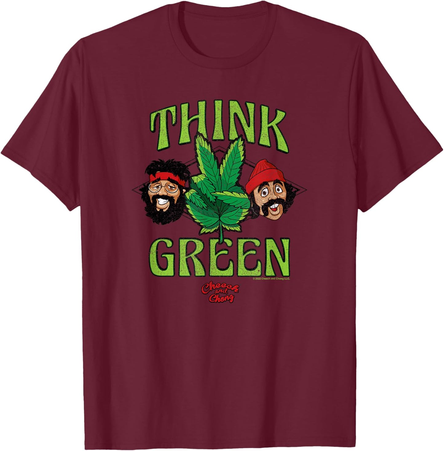 Cheech & Chong Think Green Weed Plant Making Peace Sign T-Shirt - T-Shirt | Maroon