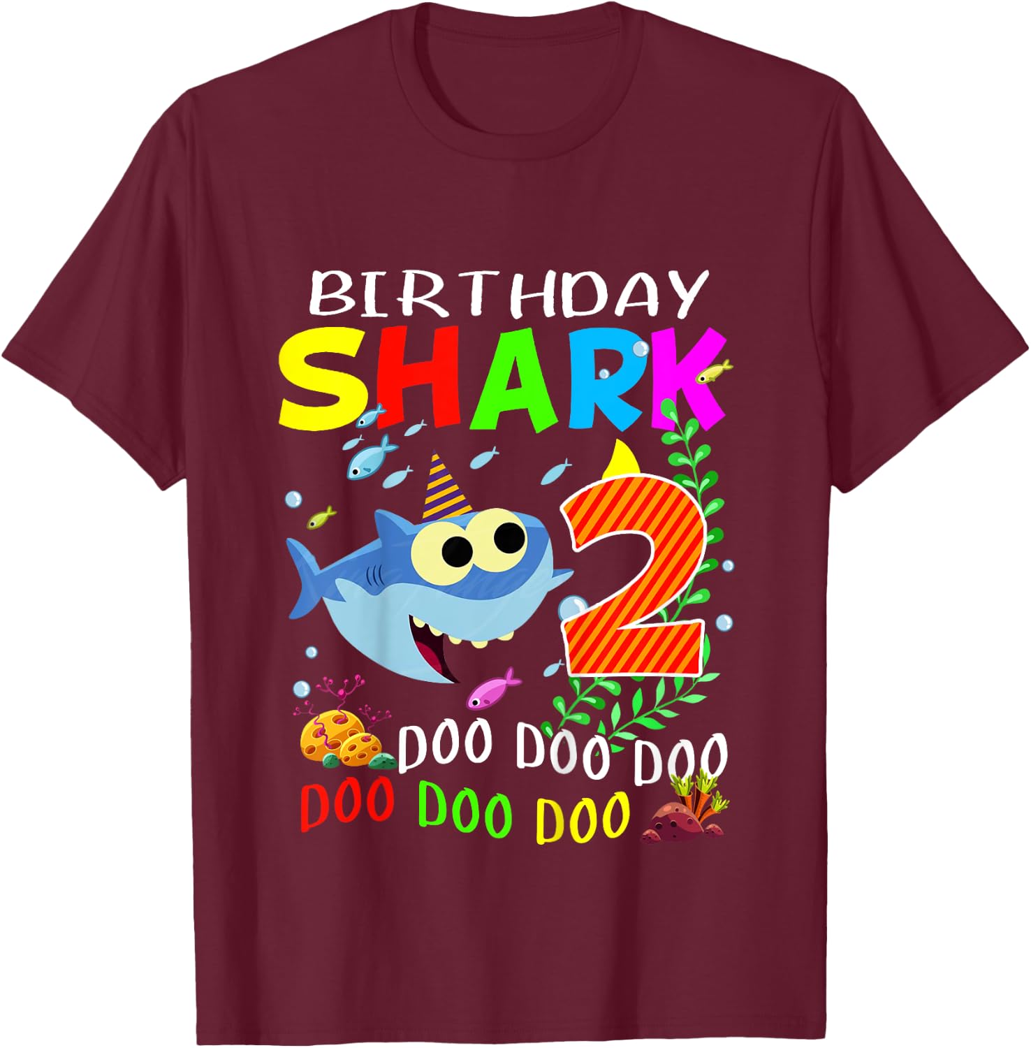 Birthday Shark 2 Years Old Boys and Girls 2nd Birthday Gift T-Shirt - T-Shirt | Maroon