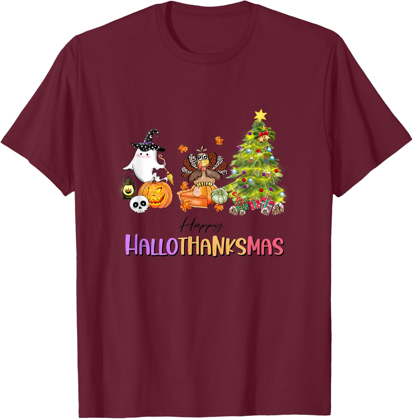 Happy Hallothanksmas Ghost Turkey Christmas Tree T-Shirt - T-Shirt | Maroon