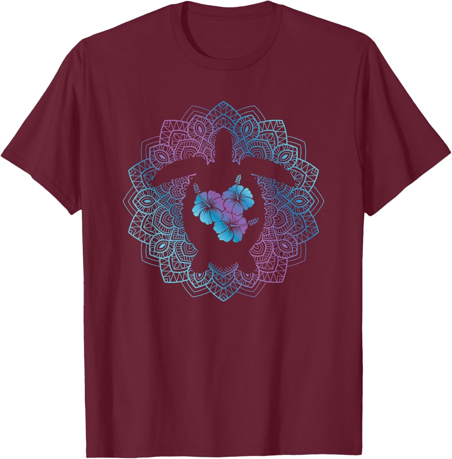 Sea Turtle Mandala Ocean Animal Tropical Hawaiian Hibiscus T-Shirt - T-Shirt | Maroon