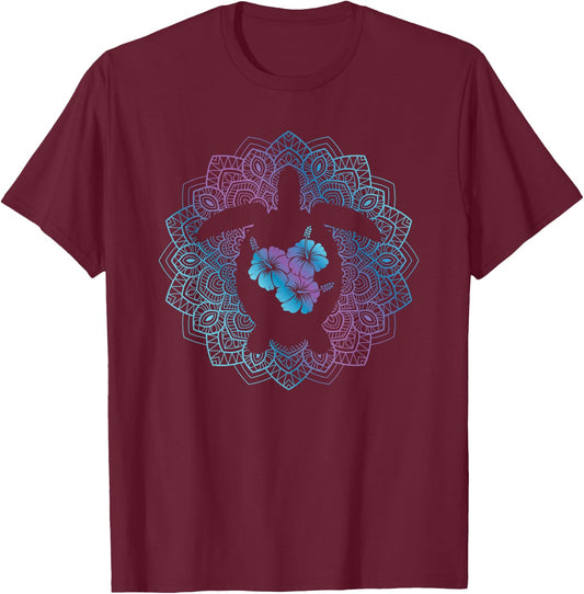 Sea Turtle Mandala Ocean Animal Tropical Hawaiian Hibiscus T-Shirt - T-Shirt | Maroon