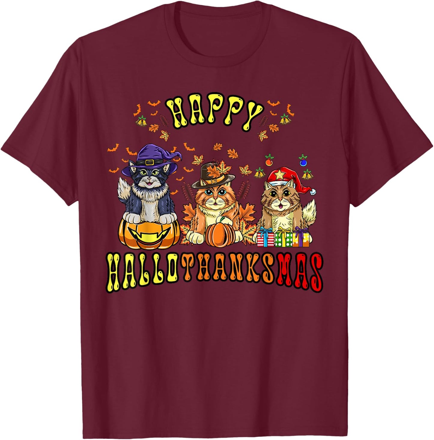 Happy Hallothanksmas Cats Halloween Thanksgiving Christmas T-Shirt - T-Shirt | Maroon