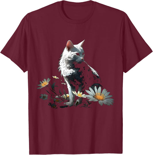 Cat Flowers Artwork - Cat Motif Animal Cat Women Kids T-Shirt - T-Shirt | Maroon