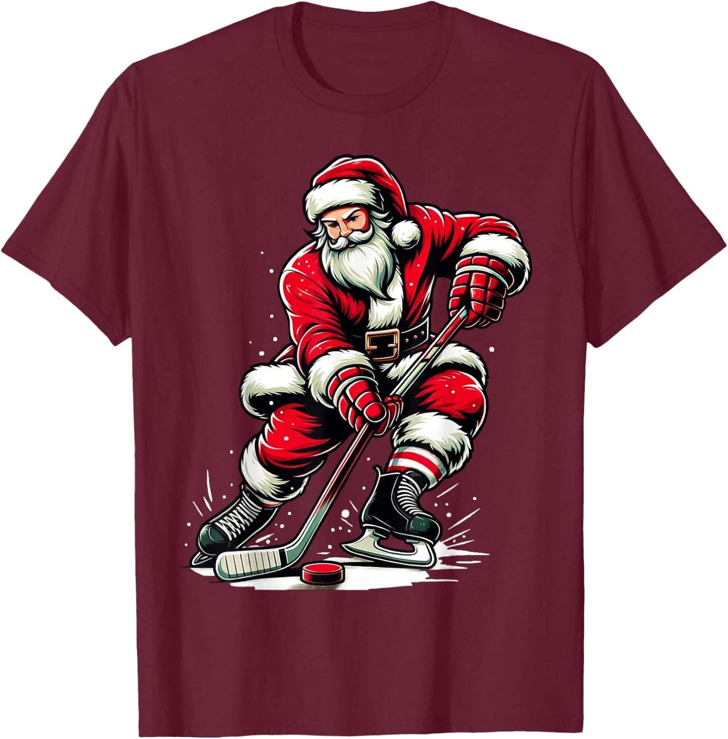 Christmas Sports Santa Plays Ice Hockey, Xmas Women Men Kids T-Shirt - T-Shirt | Maroon