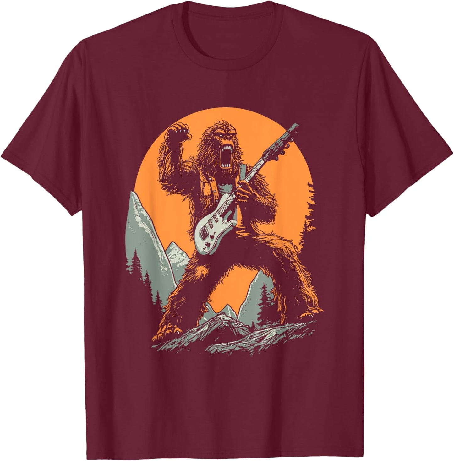Bigfoot Playing Electric Guitar Funny Sasquatch Rocker T-Shirt - T-Shirt | Maroon