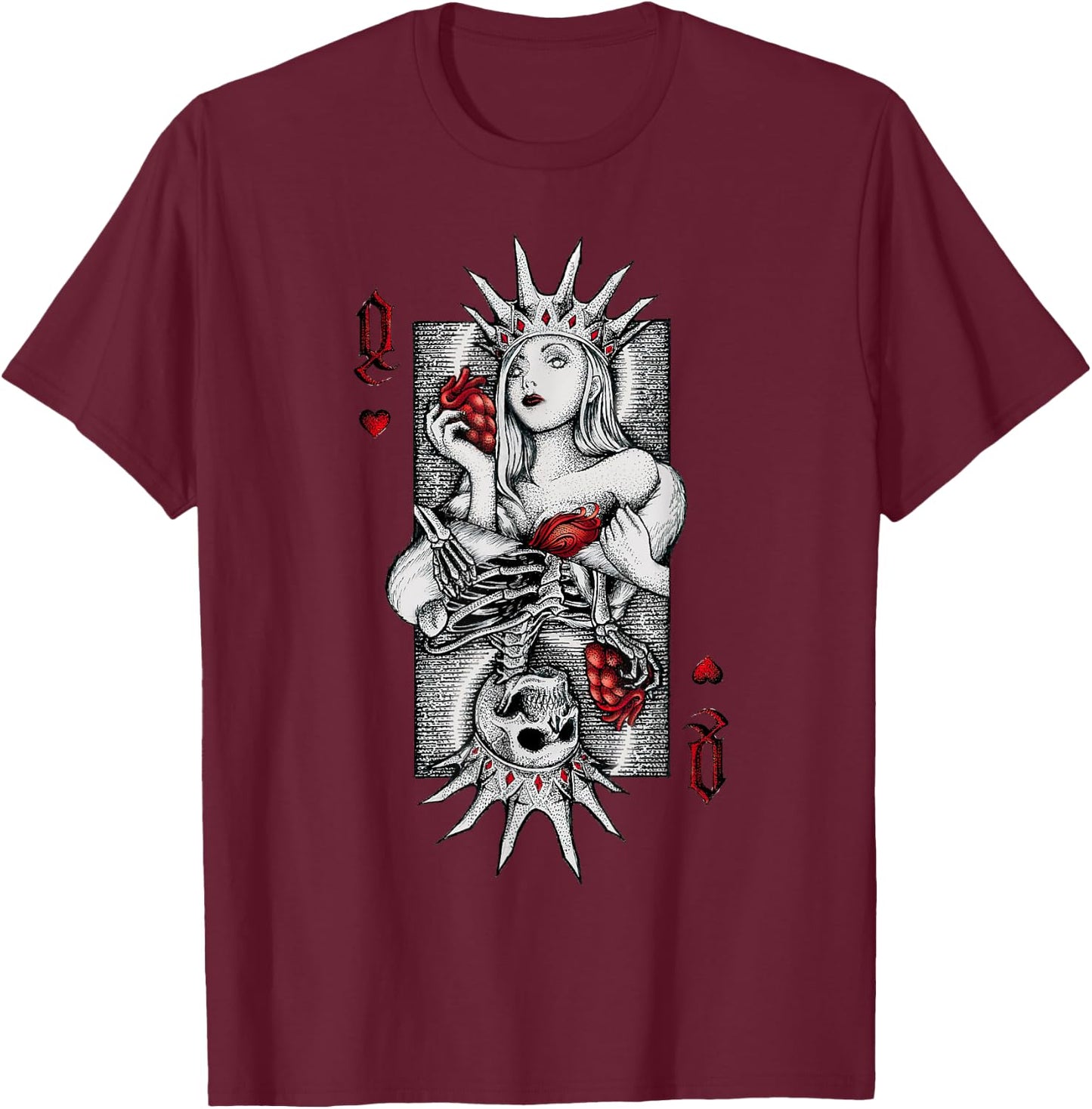 Skeleton Skull Queen of Hearts Costume Spooky Halloween Card T-Shirt - T-Shirt | Maroon