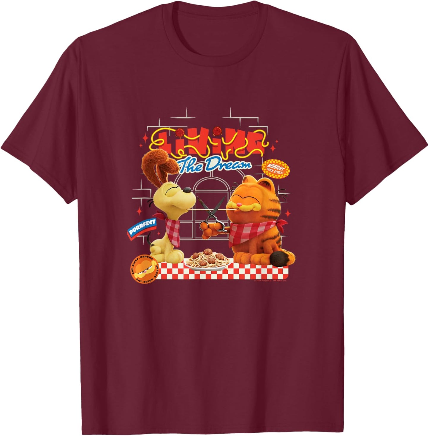 The Garfield Movie Living The Dream Garfield & Odie Pasta T-Shirt - T-Shirt | Maroon