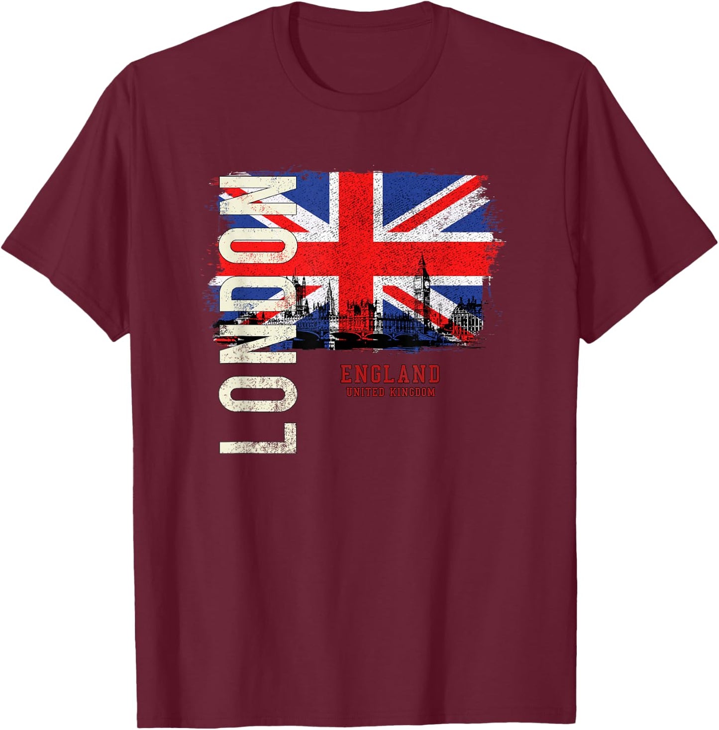 City Country Flag Banner Skyline Panorama London England Great Britain Europe T-Shirt - T-Shirt | Maroon