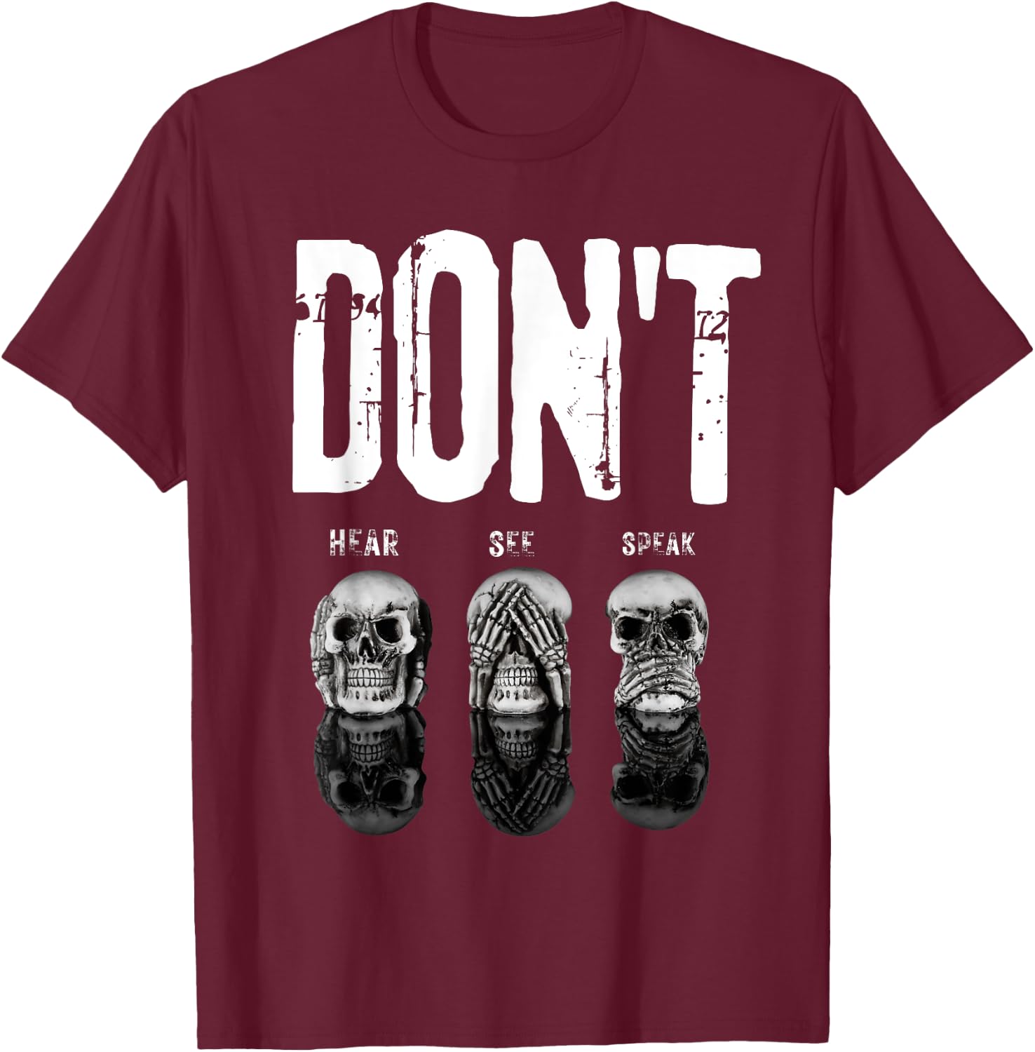 Funny Hear See Speak No Evil Gothic Skulls Halloween T-Shirt - T-Shirt | Maroon