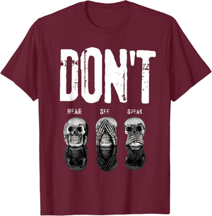 Funny Hear See Speak No Evil Gothic Skulls Halloween T-Shirt - T-Shirt | Maroon