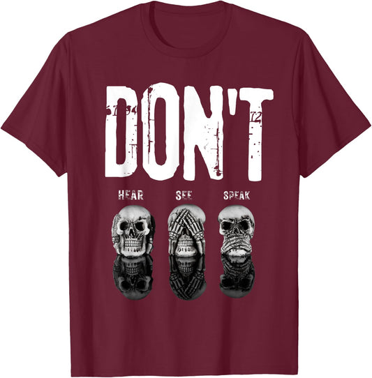 Funny Hear See Speak No Evil Gothic Skulls Halloween T-Shirt - T-Shirt | Maroon