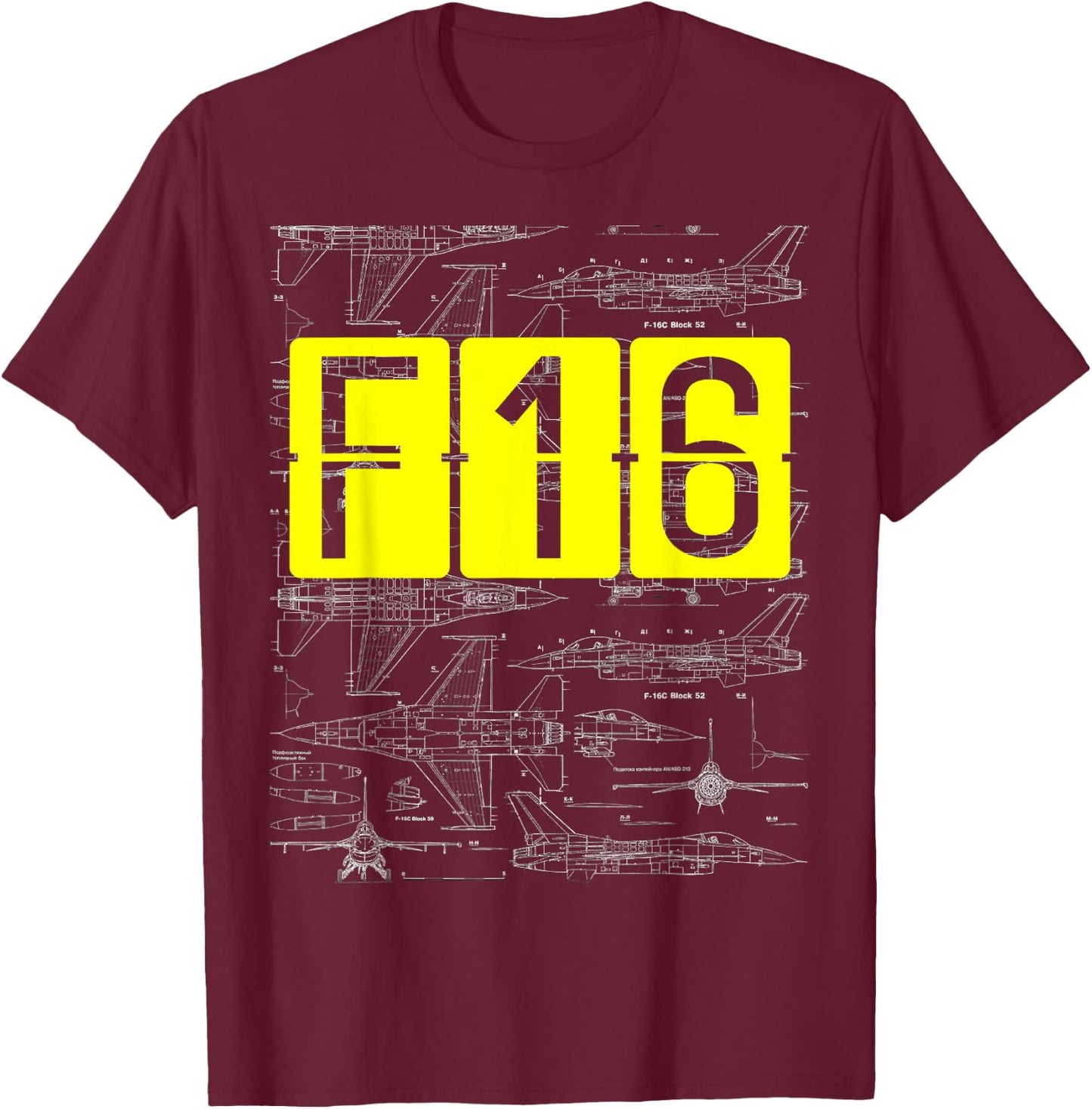 F16 Jet Aircraft Fighter Jet Blueprint Design T-Shirt - T-Shirt | Maroon