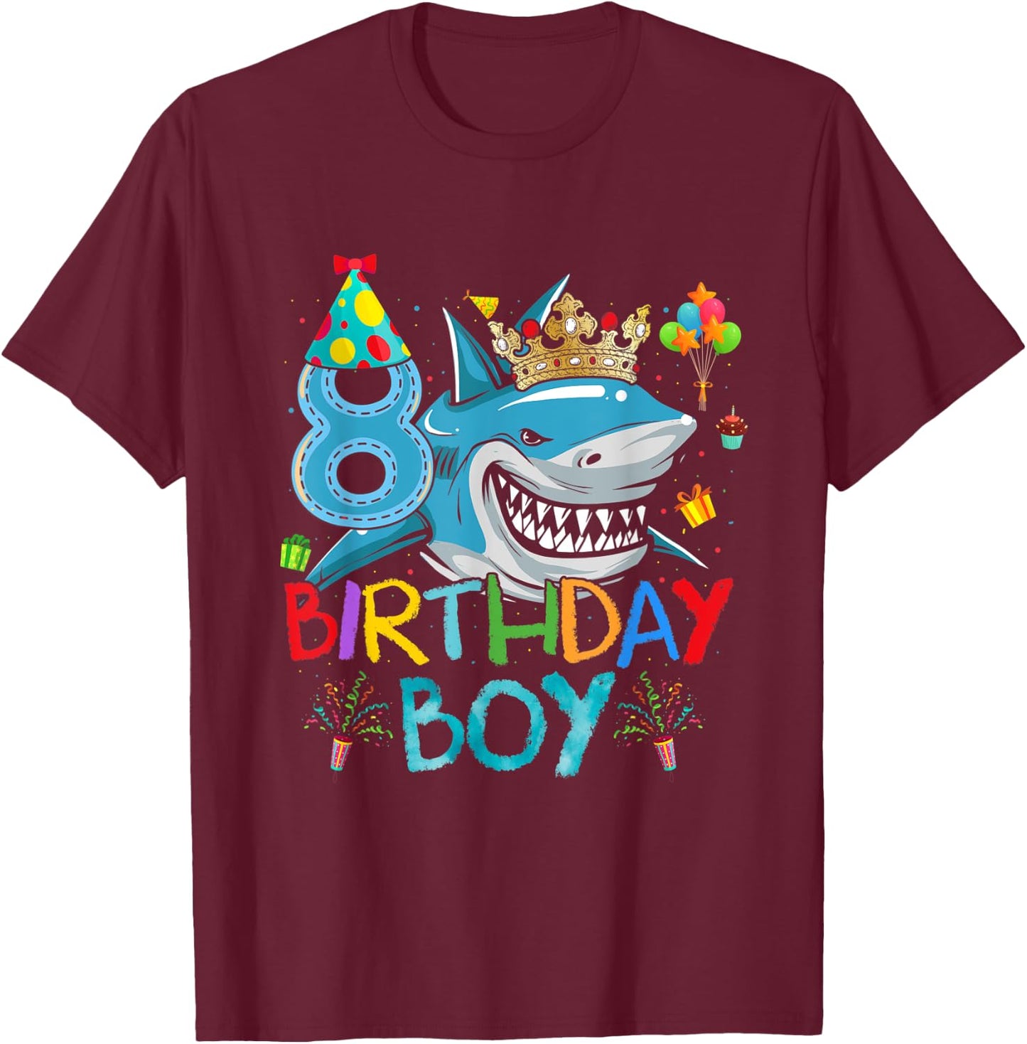 8th Birthday Shark Ocean Theme Party 8 Years Old For Boy T-Shirt - T-Shirt | Maroon