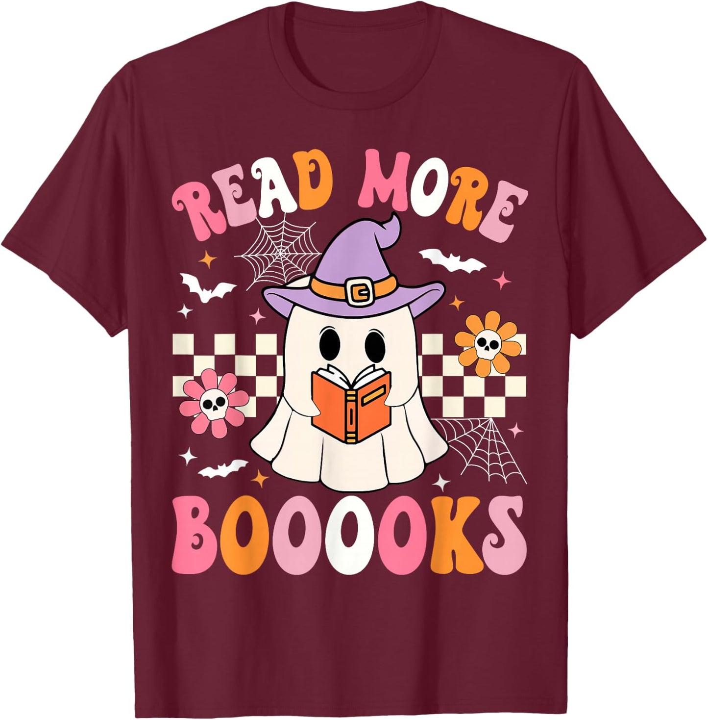 Groovy Booooks Ghost Read More Books Funny Teacher Halloween T-Shirt - T-Shirt | Maroon