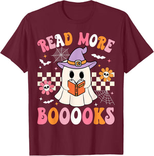Groovy Booooks Ghost Read More Books Funny Teacher Halloween T-Shirt - T-Shirt | Maroon
