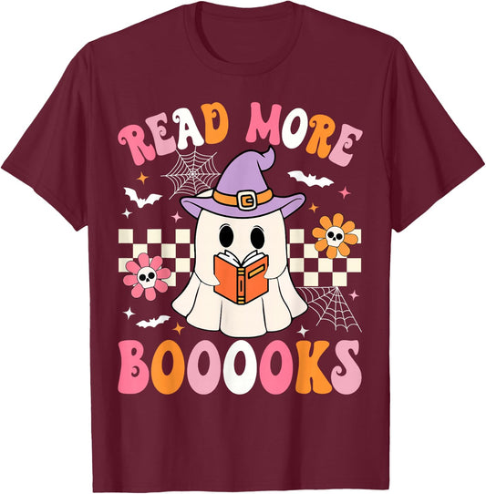 Groovy Booooks Ghost Read More Books Funny Teacher Halloween T-Shirt - T-Shirt | Maroon