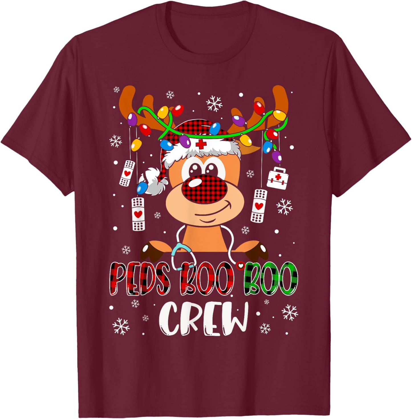 Peds Nurse Boo Crew Reindeer Nurse Buffalo Plaid Christmas T-Shirt - T-Shirt | Maroon