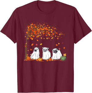 Pug Ghost Cute Under Fall Tree Halloween Autumn Dog Lovers Men Women T-Shirt - T-Shirt | Maroon