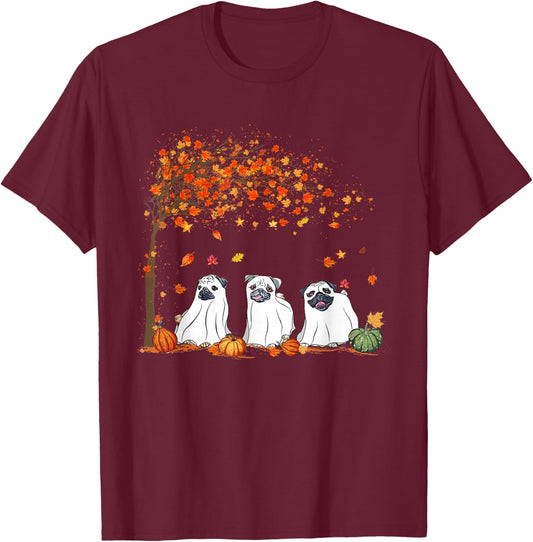 Pug Ghost Cute Under Fall Tree Halloween Autumn Dog Lovers Men Women T-Shirt - T-Shirt | Maroon