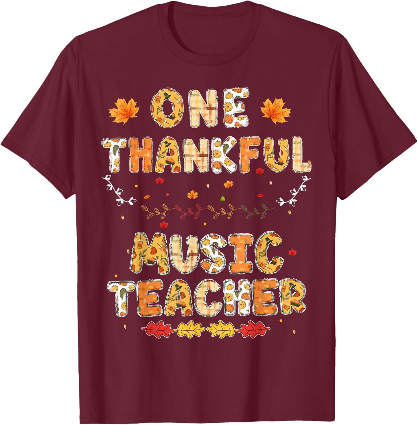 Rainbow Leopard One Thankful Music Teacher Thanksgiving T-Shirt - T-Shirt | Maroon
