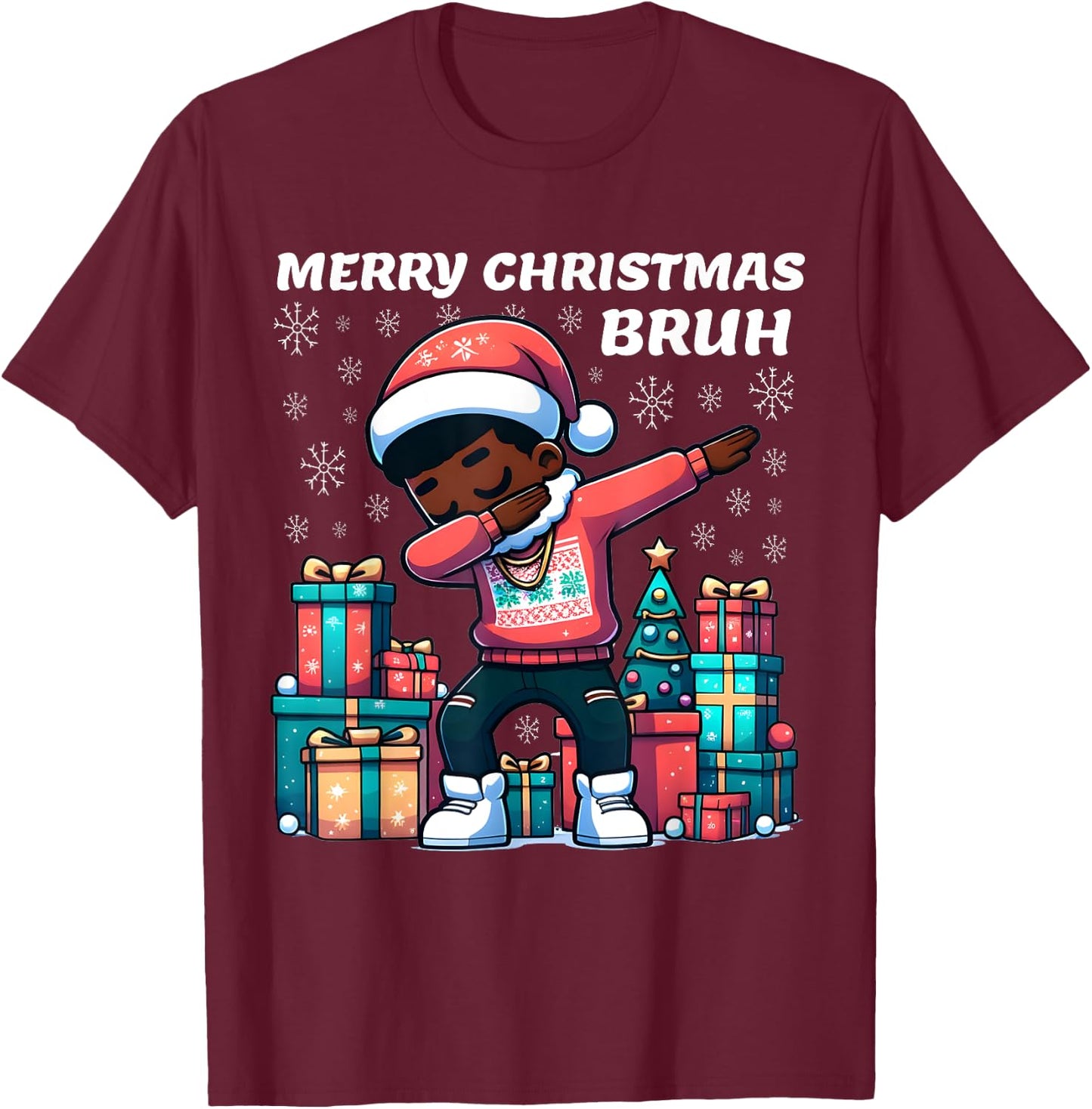 Dabbing Black Boy Merry Christmas Bruh African American Boys T-Shirt - T-Shirt | Maroon