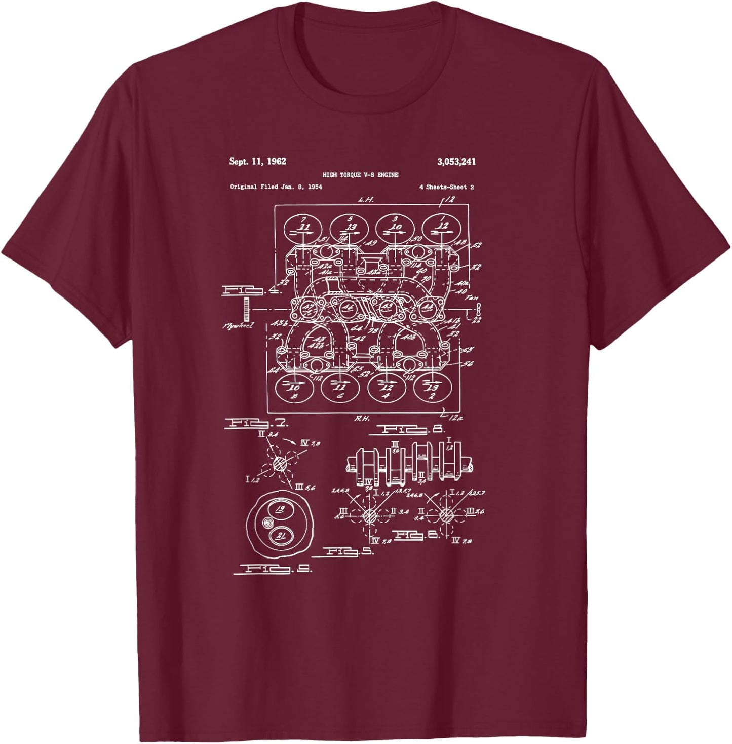 Vintage Engine Block Blueprint Diagram – Men's Car Graphic T-Shirt - T-Shirt | Maroon