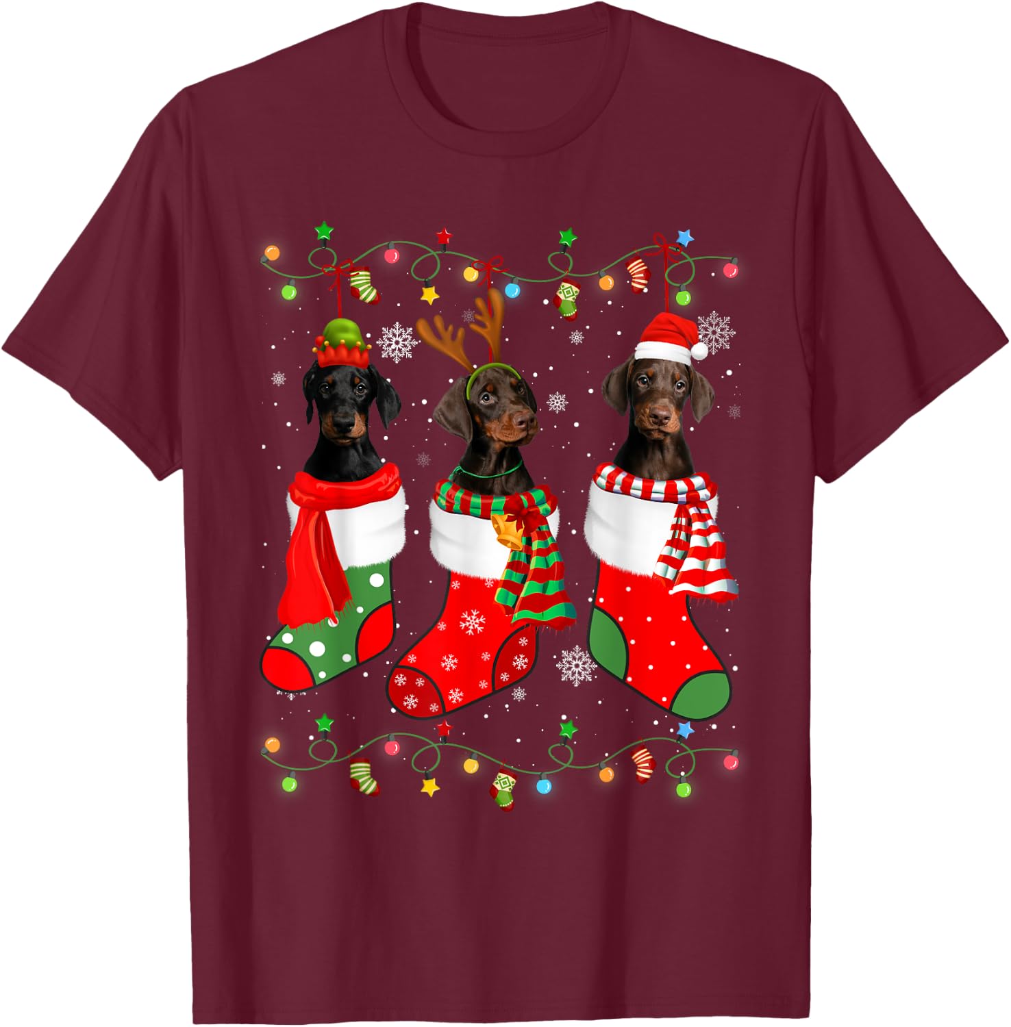 Doberman Dog Christmas Socks Santa Hat Xmas Lights T-Shirt - T-Shirt | Maroon