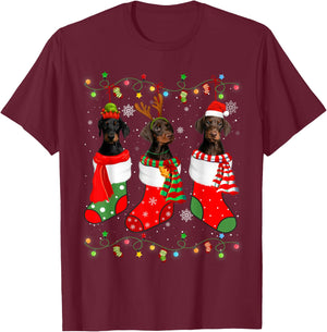 Doberman Dog Christmas Socks Santa Hat Xmas Lights T-Shirt - T-Shirt | Maroon