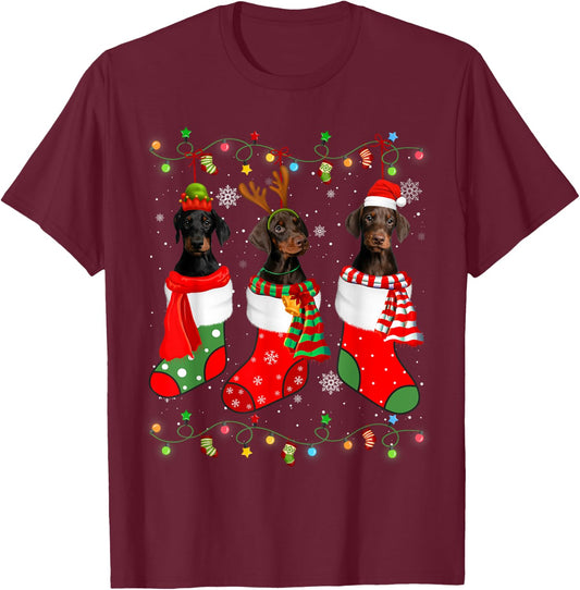 Doberman Dog Christmas Socks Santa Hat Xmas Lights T-Shirt - T-Shirt | Maroon