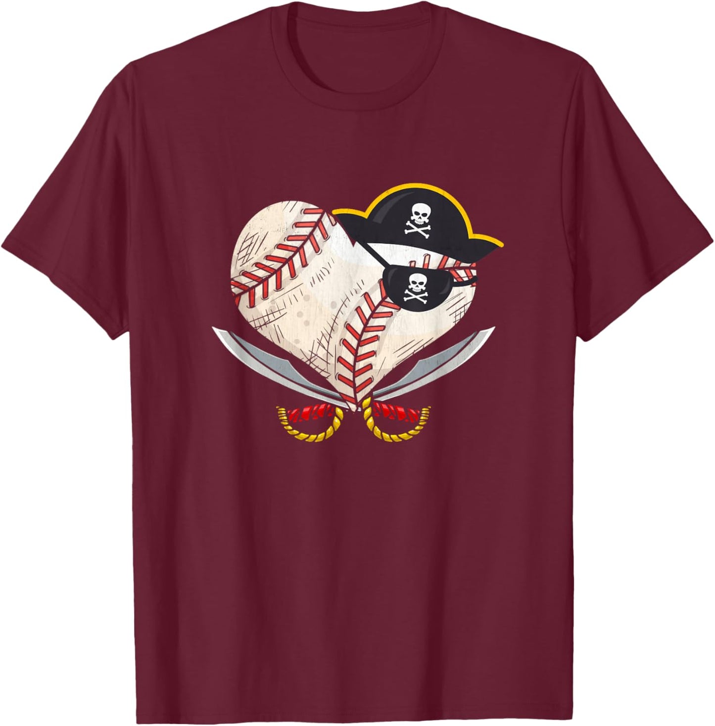 The Vintage Pirate Baseball Heart Ball With Skull Hat Sport T-Shirt - T-Shirt | Maroon