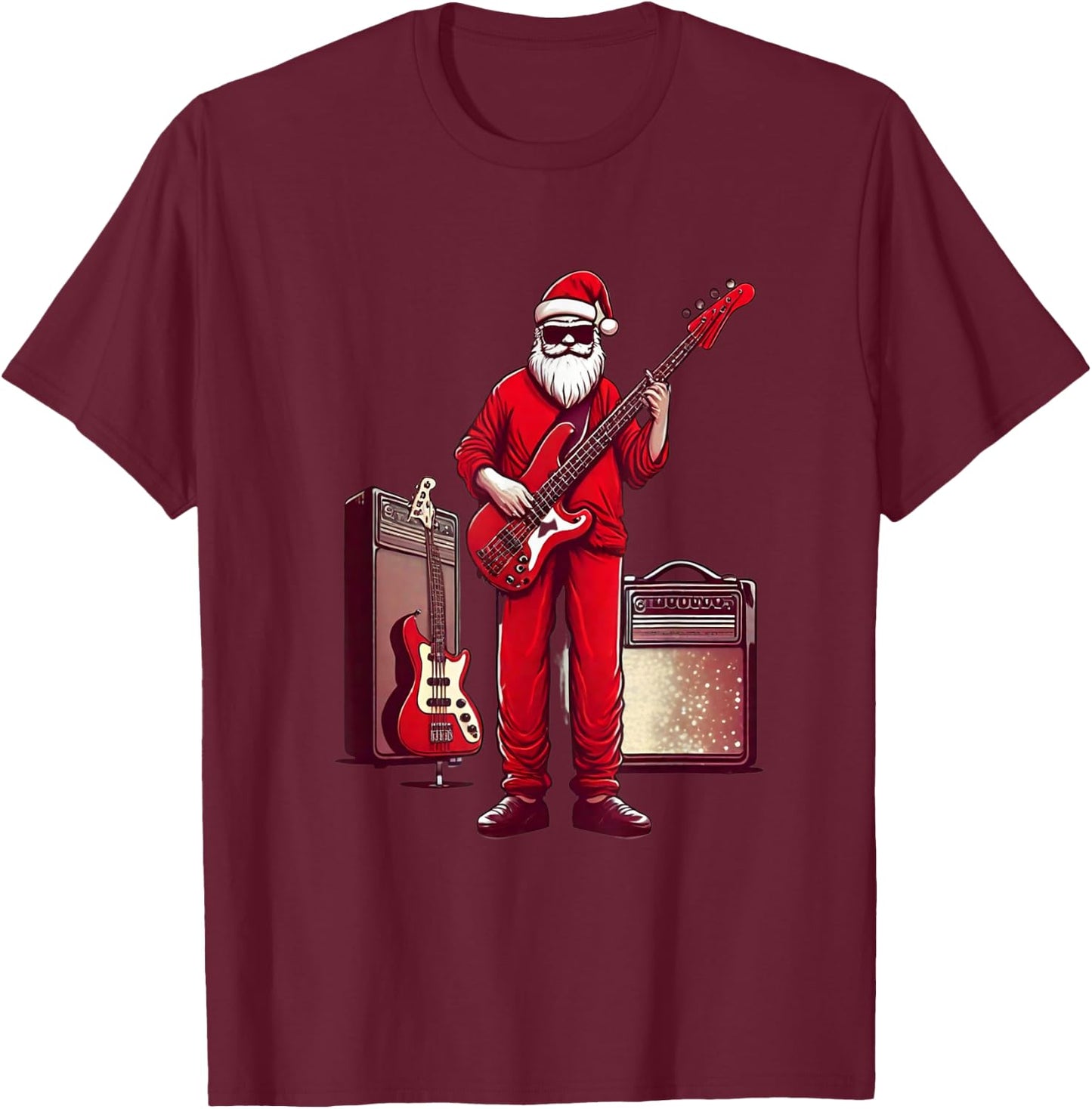 Santa Playing Guitar Bass Christmas Pajama Musician Bassist T-Shirt - T-Shirt | Maroon
