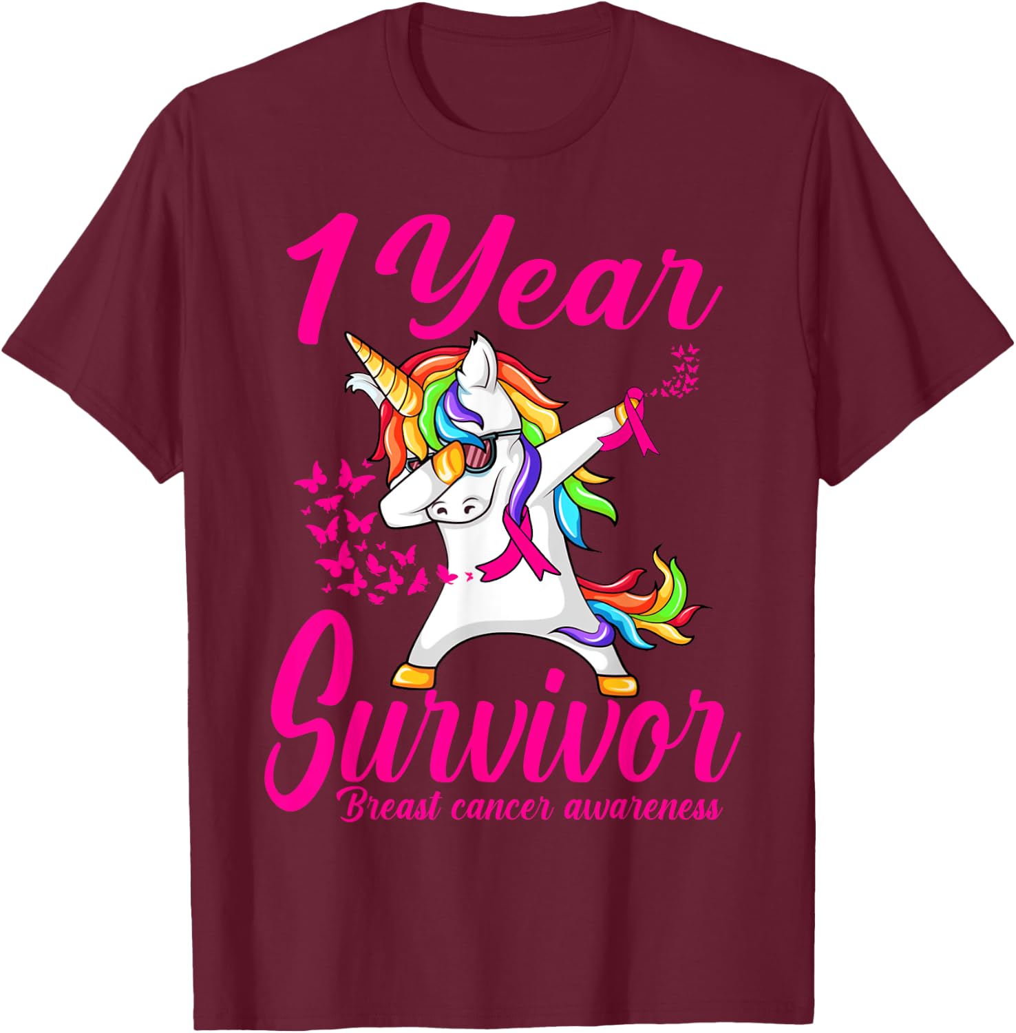 One 1 Years Survivor Breast Cancer Awareness Unicorn T-Shirt - T-Shirt | Maroon
