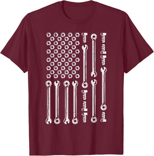 USA Flag Wrenches Car Auto Mechanic Garage Patriotic Men Dad T-Shirt - T-Shirt | Maroon